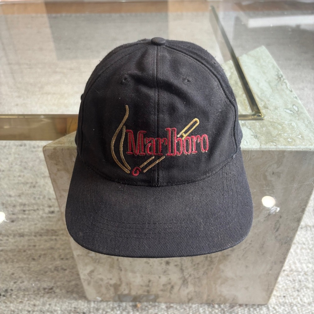 Marlboro Hat Men OSFM Black Used Vintage Adventure Team Embroidered Logo Cap
